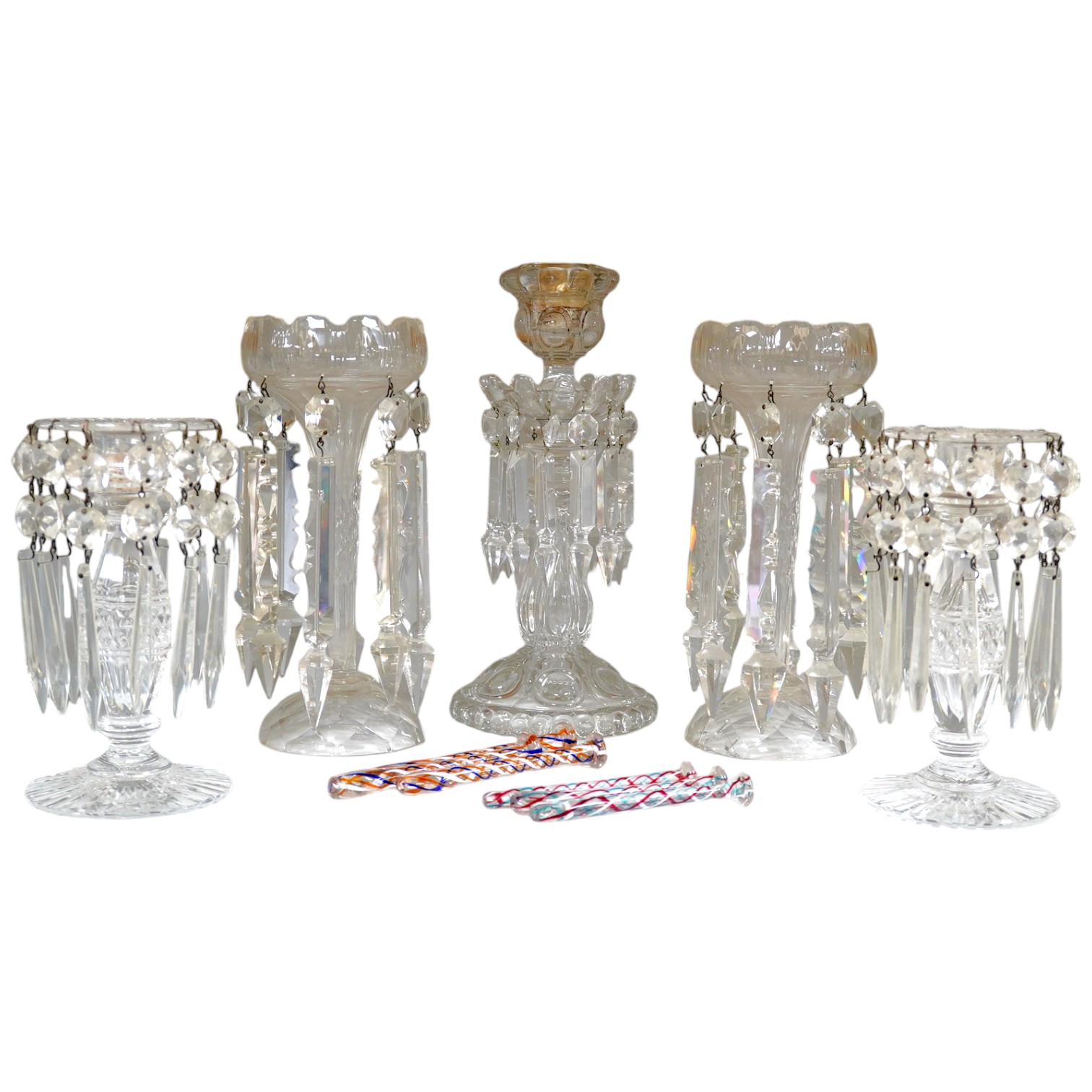 19th century and later glassware comprising, two pairs of glass lustres with drops, a single lustre and a collection of coloured twist stirrers, largest 29cm high. Condition - fair to good